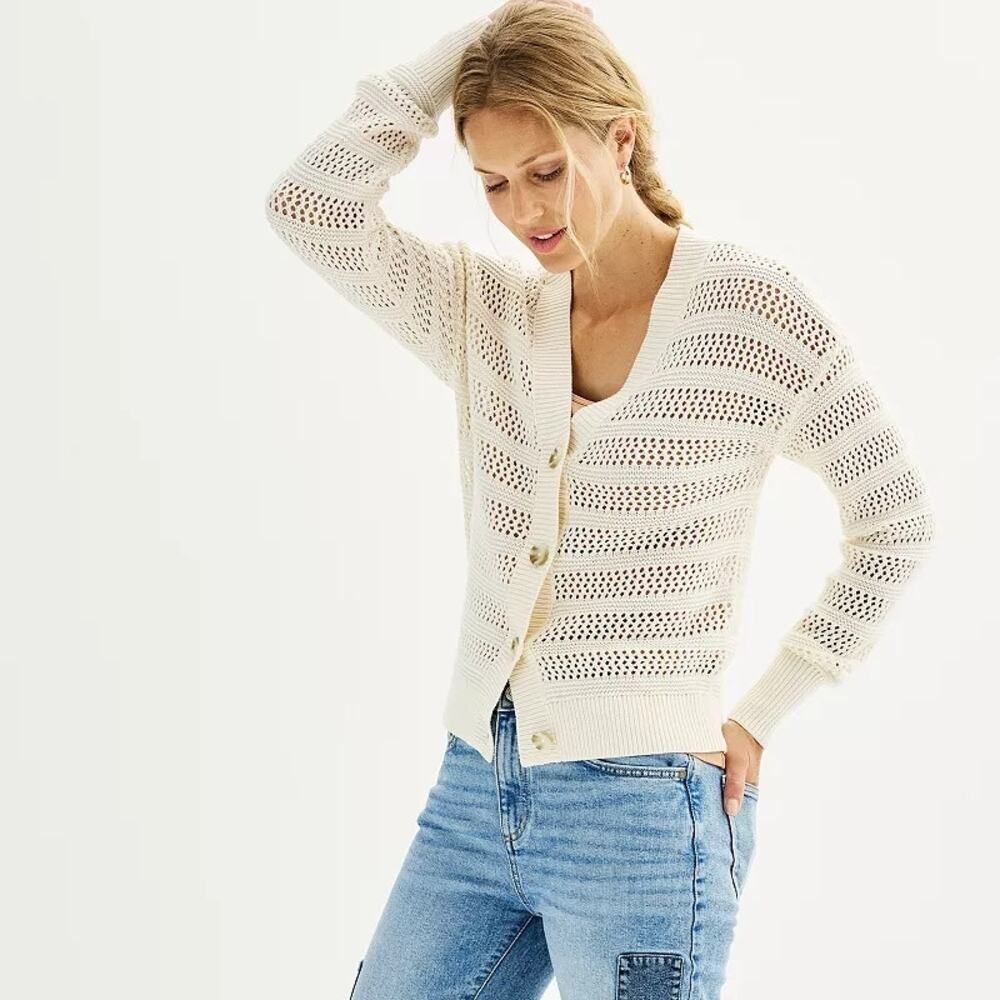 Cream Knit Open Weave Cardigan XXL Sonoma | Cottagecore Layering Piece Coastal